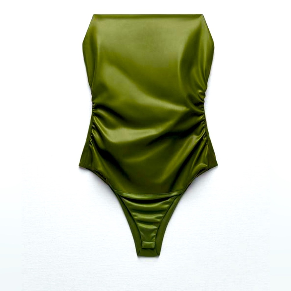 GREEN FAUX LEATHER BODYSUIT — LARGE with tags!